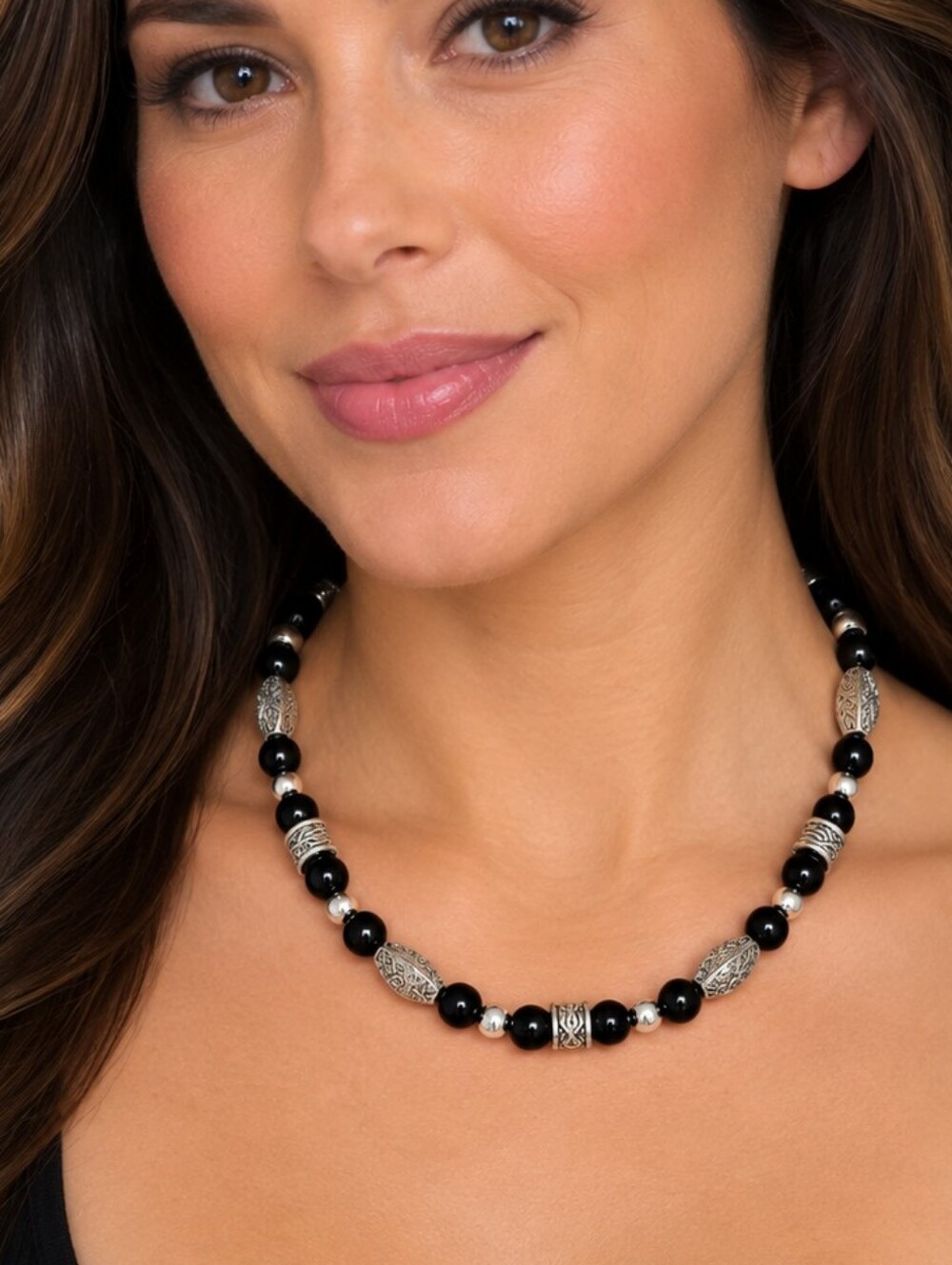 Vintage Black Acrylic Bead Necklace with Silver Floral Accents